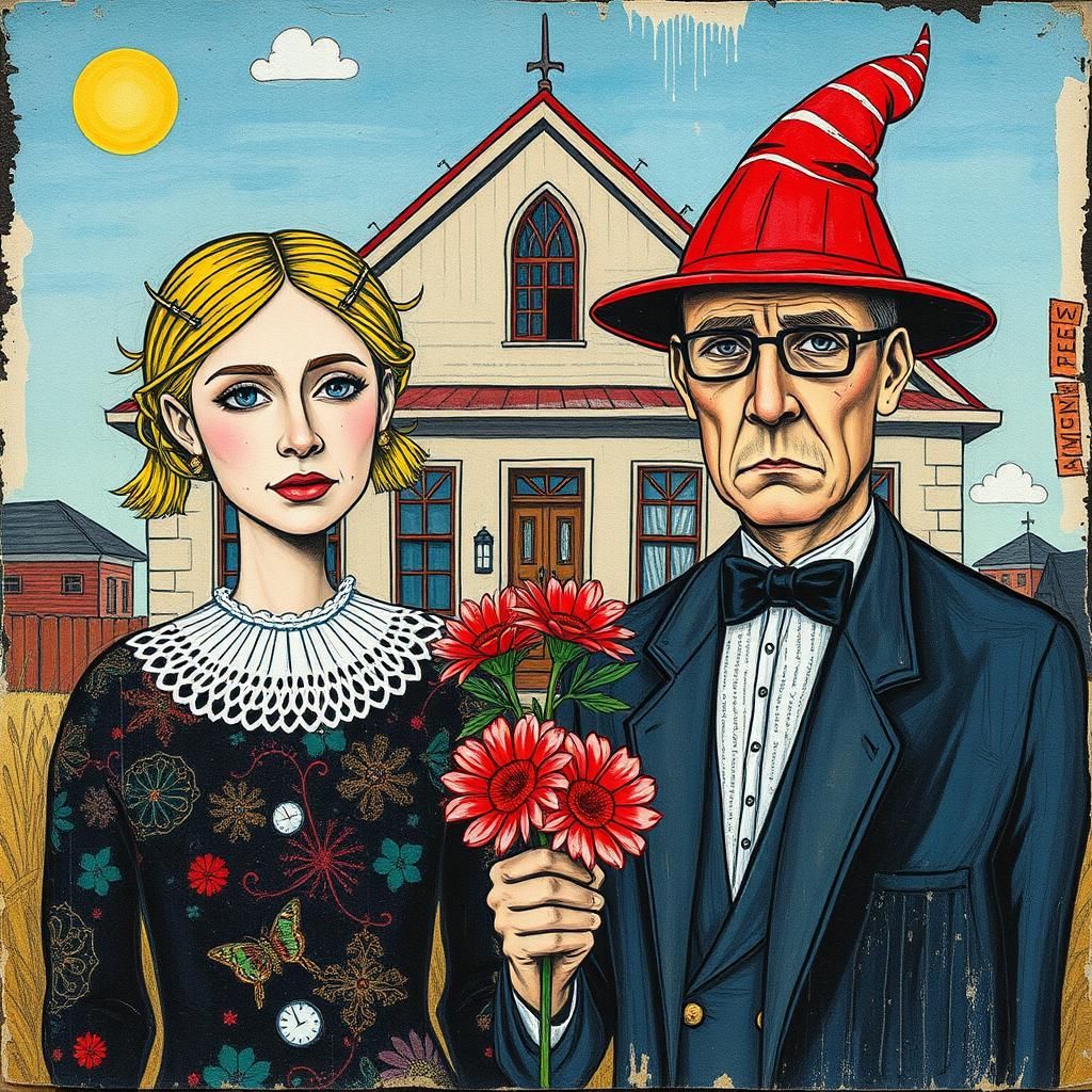 American Gothic Reimagined as Mixed Media Collage
