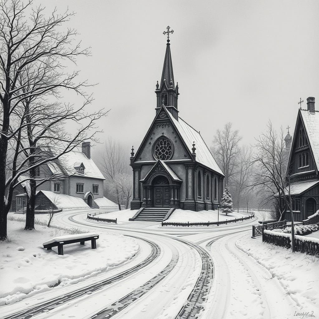 Gothic Church in Snowy Village: Charcoal Drawing