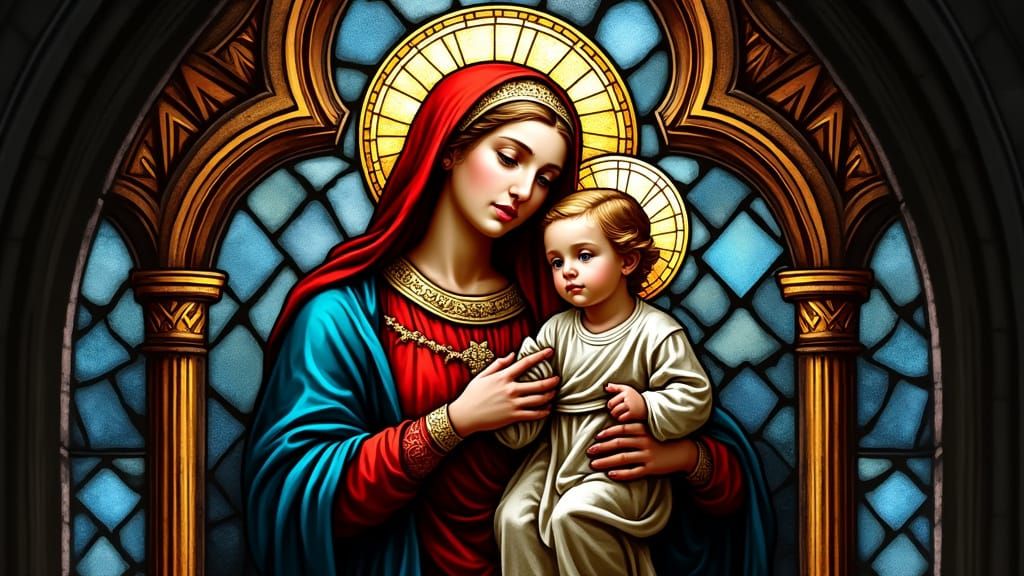 The Holy Virgin Mary Holding Baby Jesus in Stained Glass Art