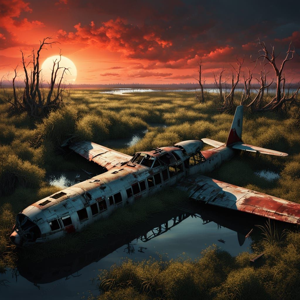 Eerie Matte Painting Of Airplane Wreck In Twilight