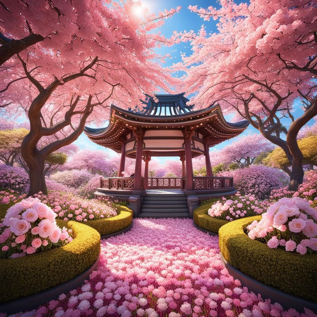 Glittering Sakura Blooms in Rose Garden: Detailed Artwork
