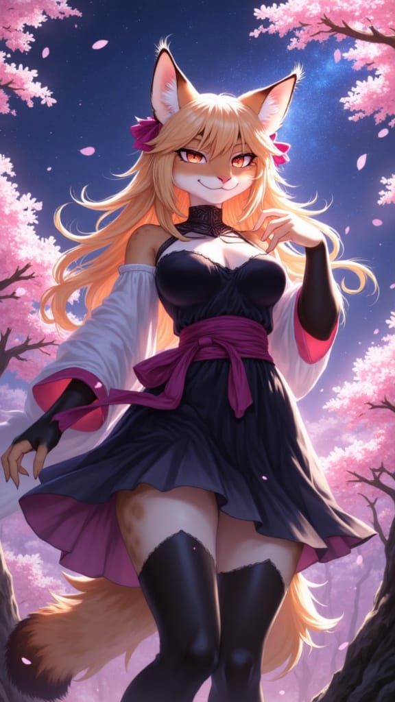 Feminine Caracal Warrior Under Cherry Blossoms