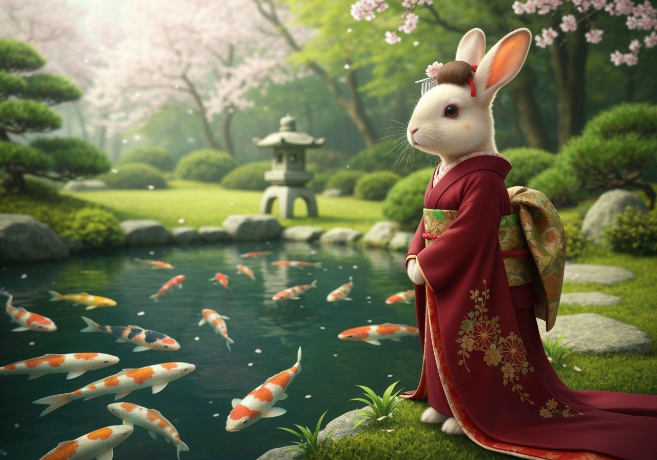 Rabbit Geisha Contemplates Koi Pond in Japanese Garden