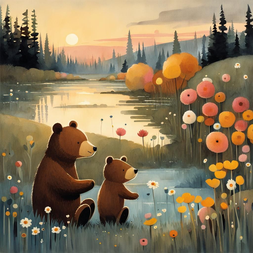 Teddy Bear Family Flower Picking: Storybook Illustration
