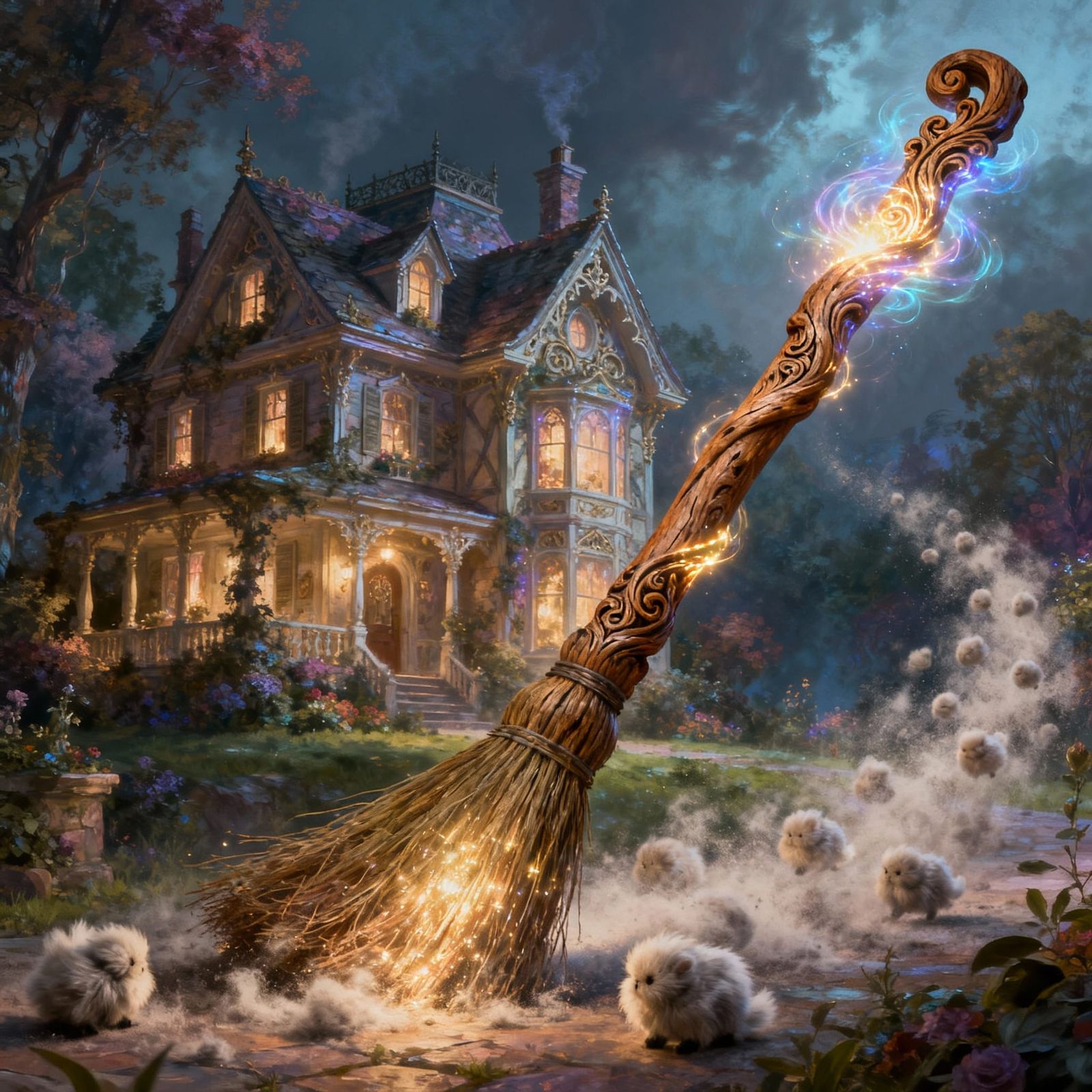 Magical Broom Sweeps Opulent House with Ethereal Light