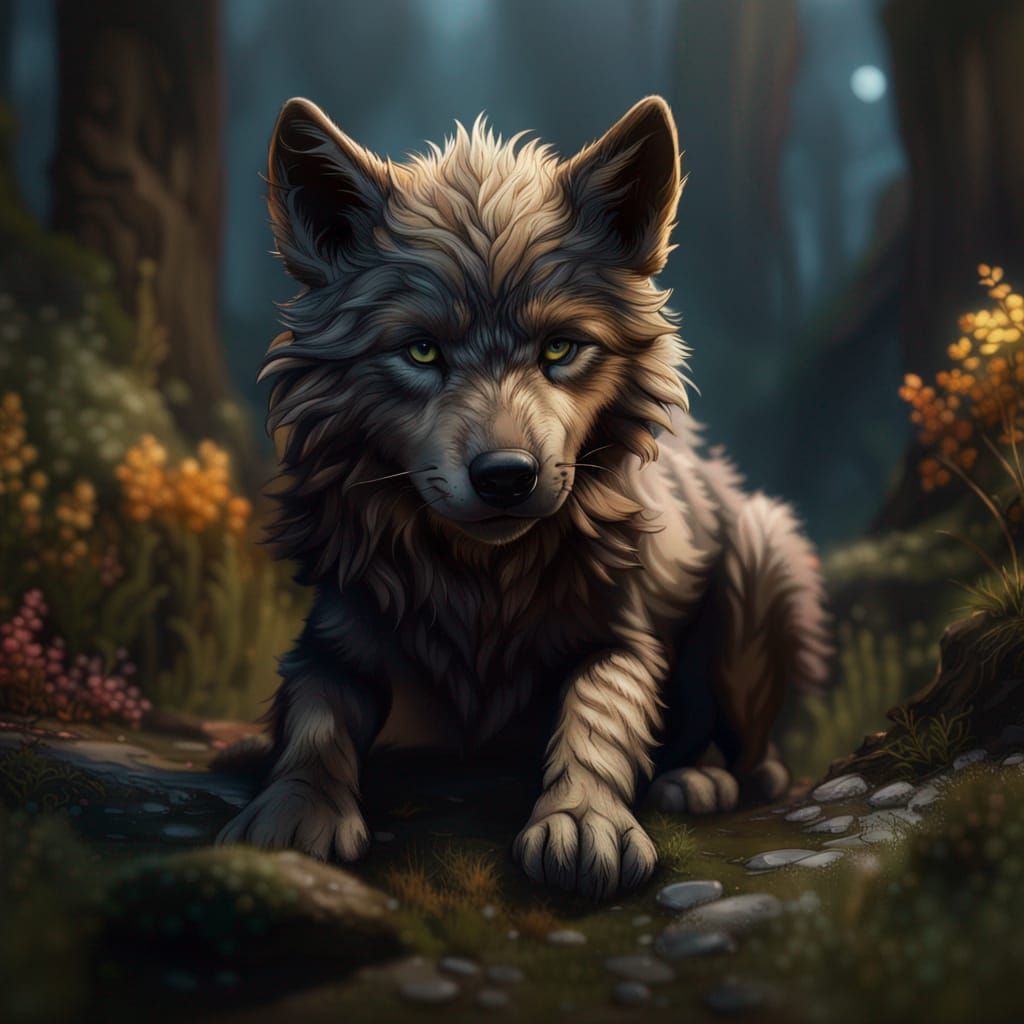 Fantastical Wolf Cub Matte Painting in Deep Color