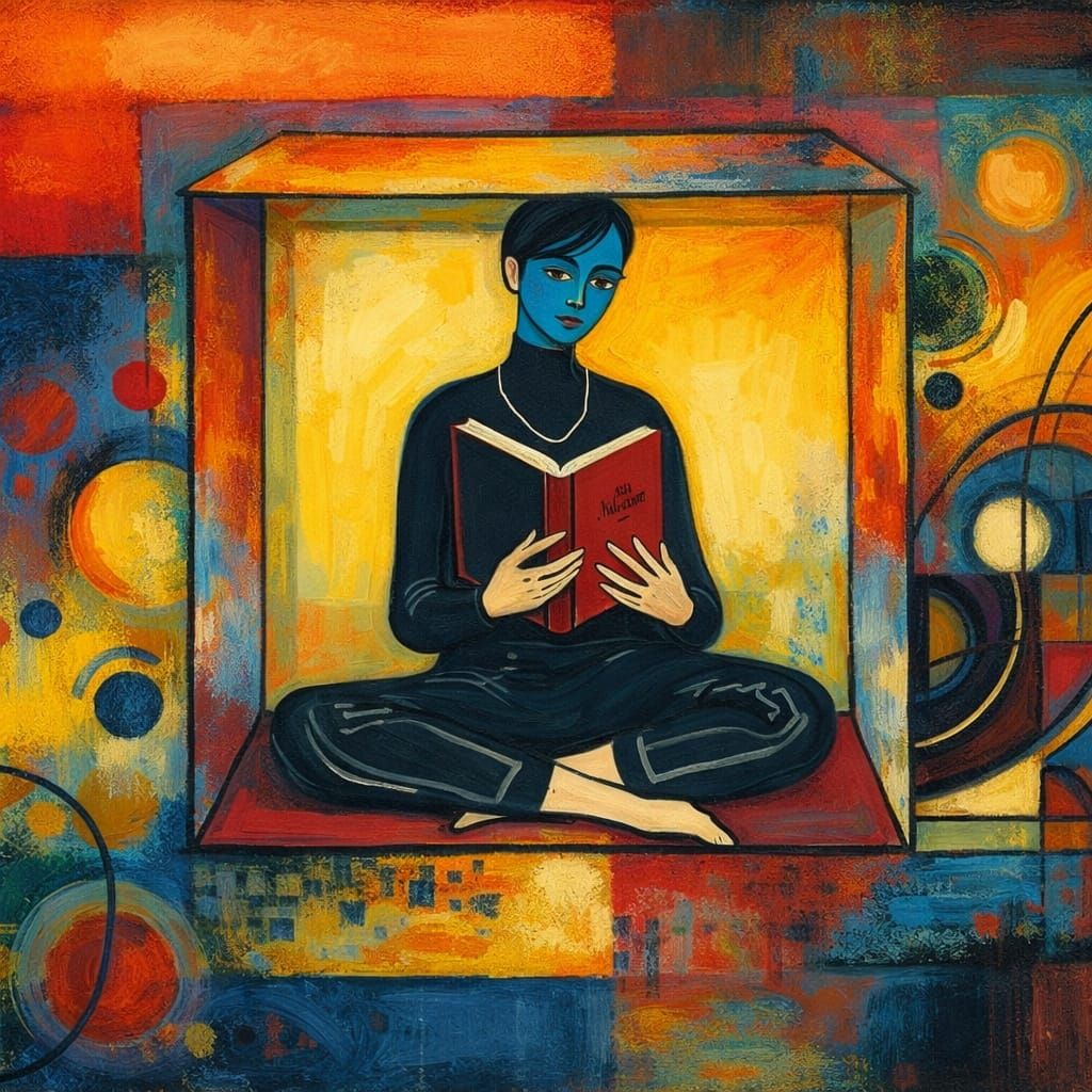 Abstract Figure Reading in Geometric Cube, Mixed Media