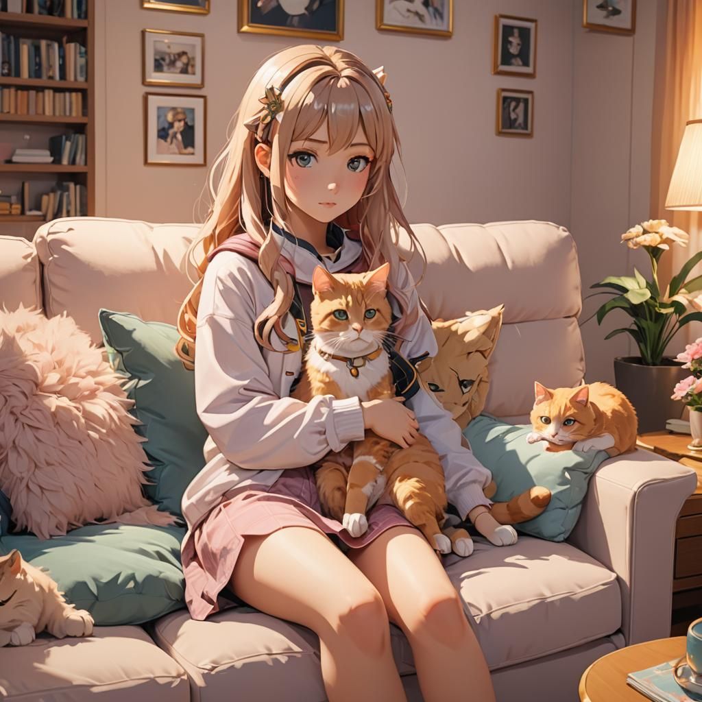 Girl and Cat on Couch in 3D Anime Art