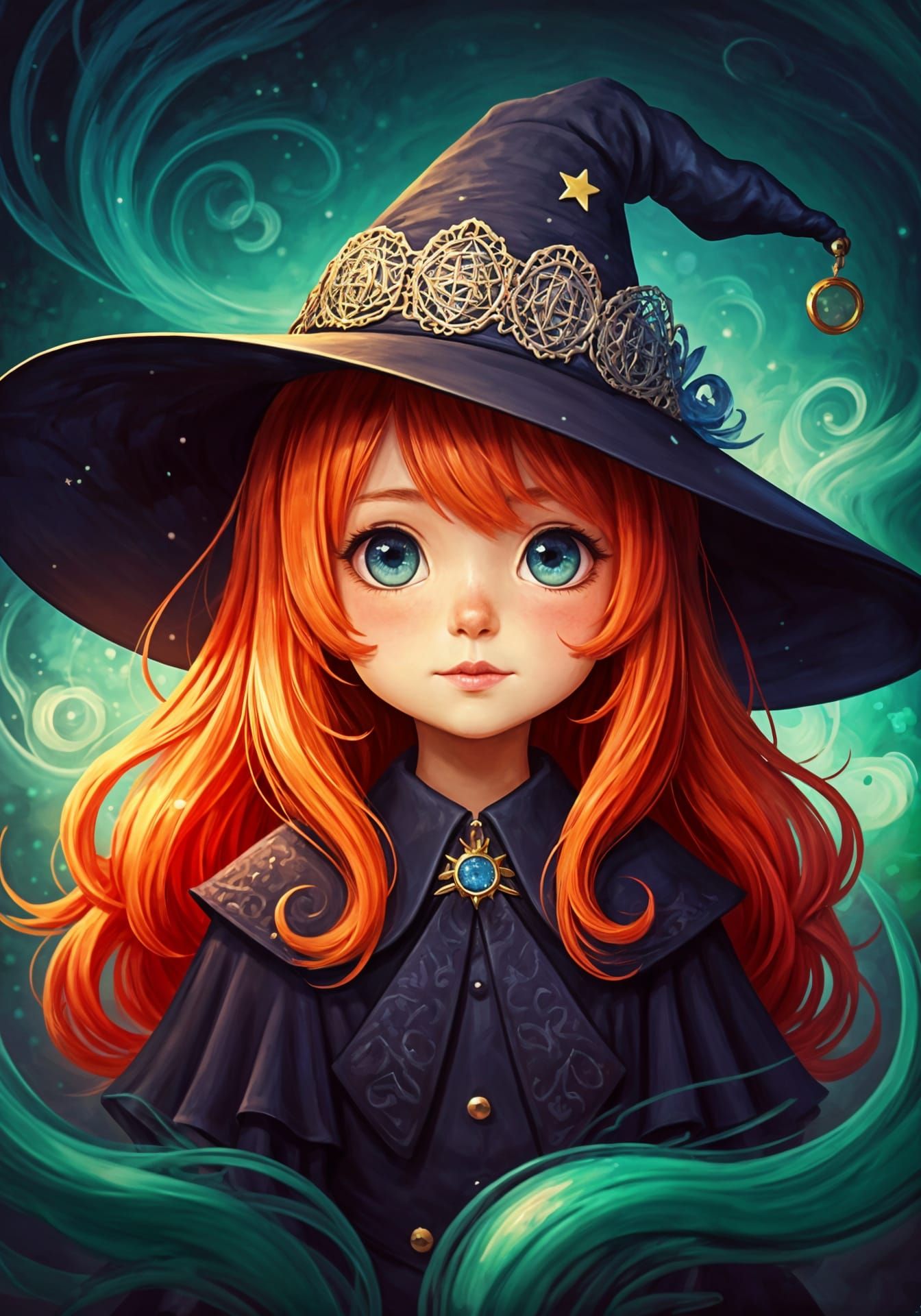 Mystical Chibi Witch Girl in Neo-Impressionist Style