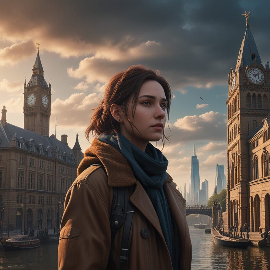 Young Woman in Earthy Tones Against London Cityscape