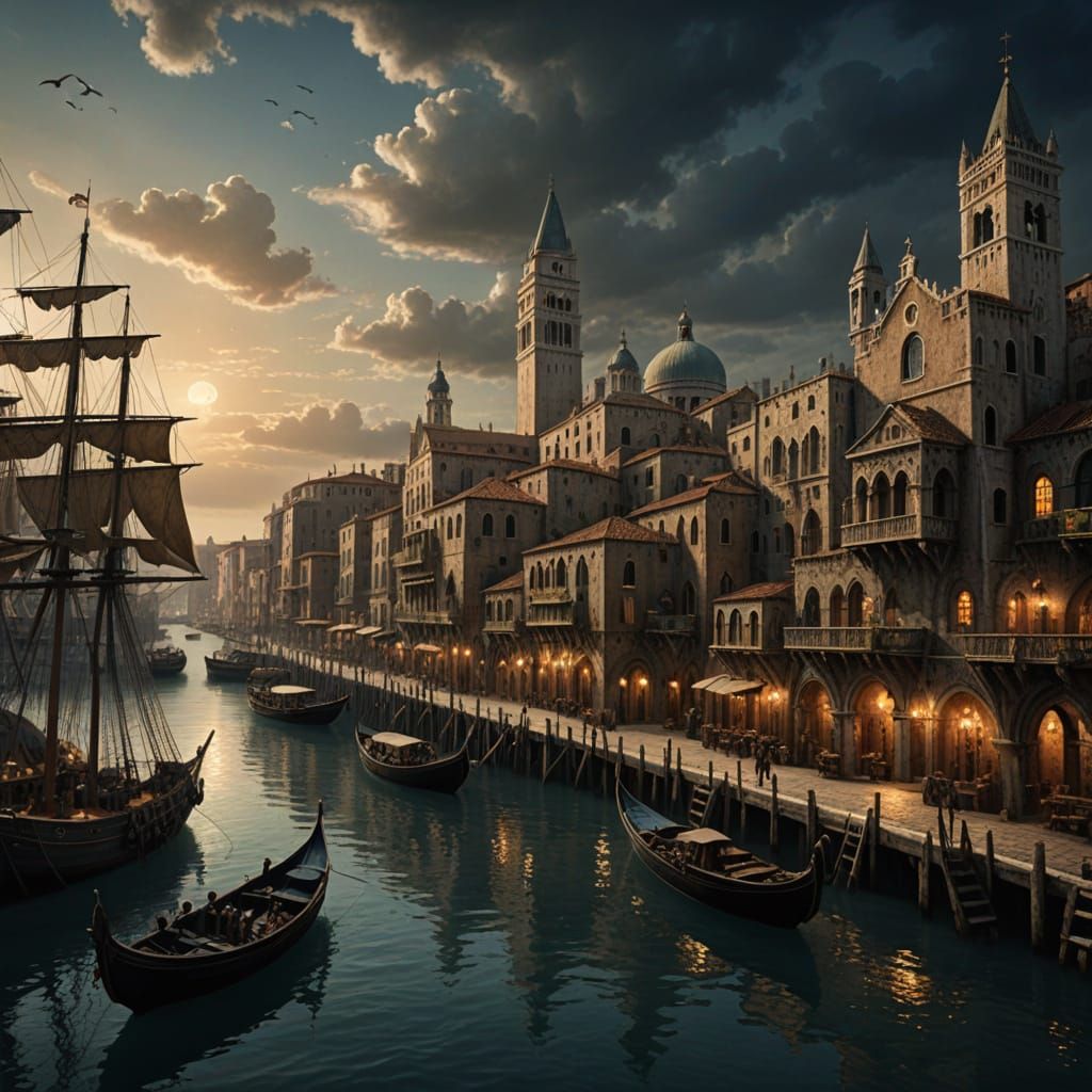 Epic Venetian Port City in Dark Fantasy Medieval Style