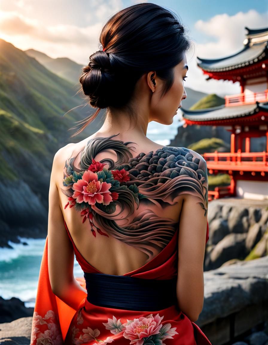 Japanese Tattoo Art: Waves and Tea House
