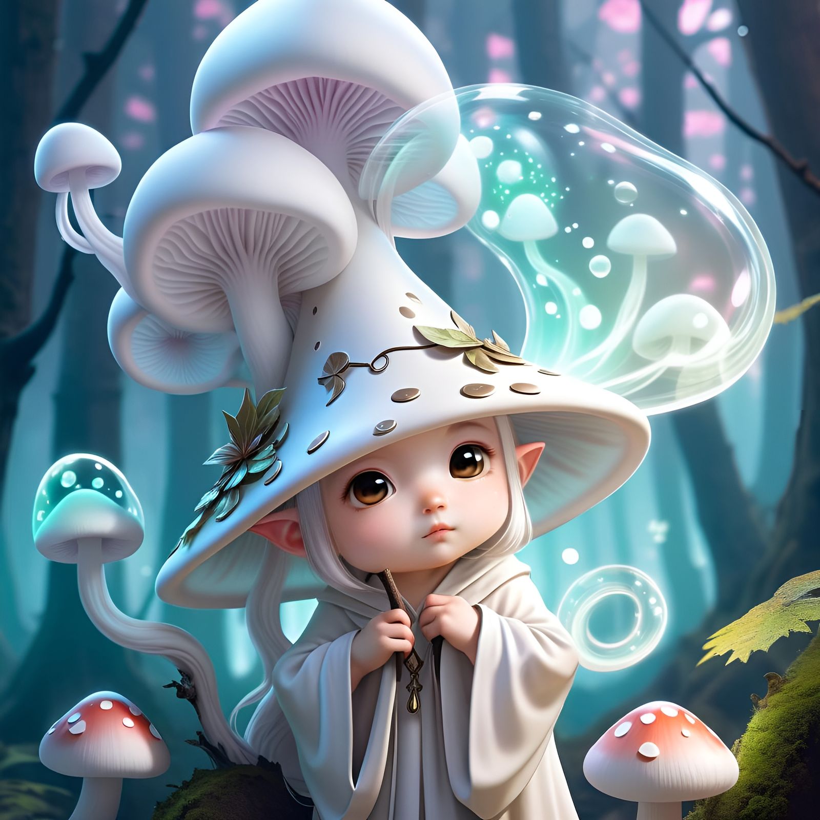 Cute Chibi Ghost in Fantasy Mushroom Forest
