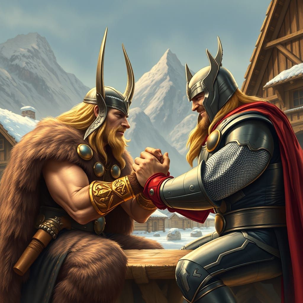 Thor Arm Wrestling in Arthur Rackham Style