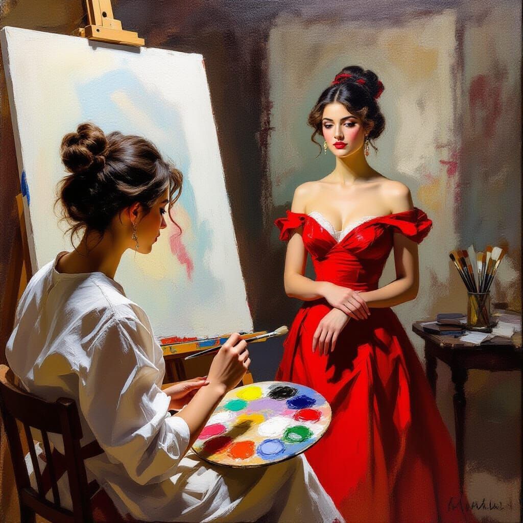 Artist Painting a Model in Impasto Oil Style