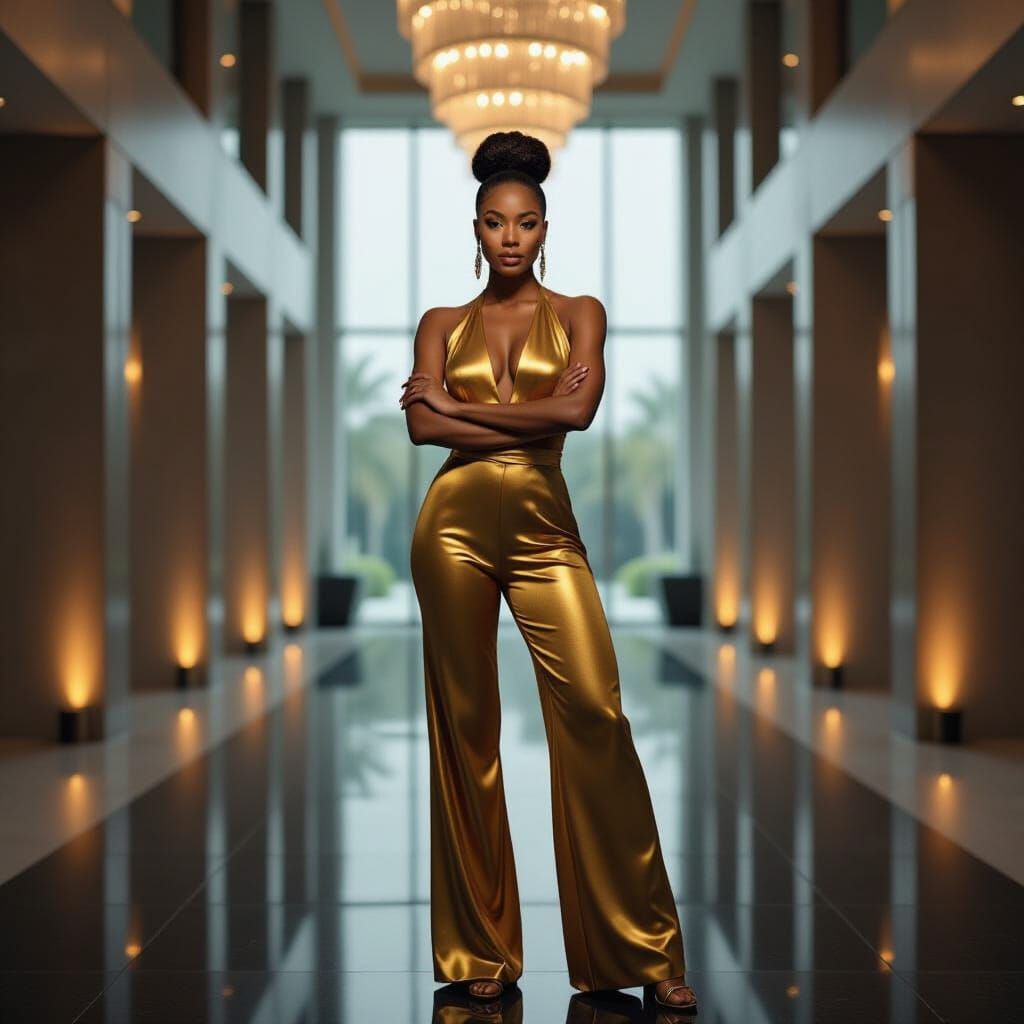 Black Woman in Gold Jumpsuit in Modern Hallway