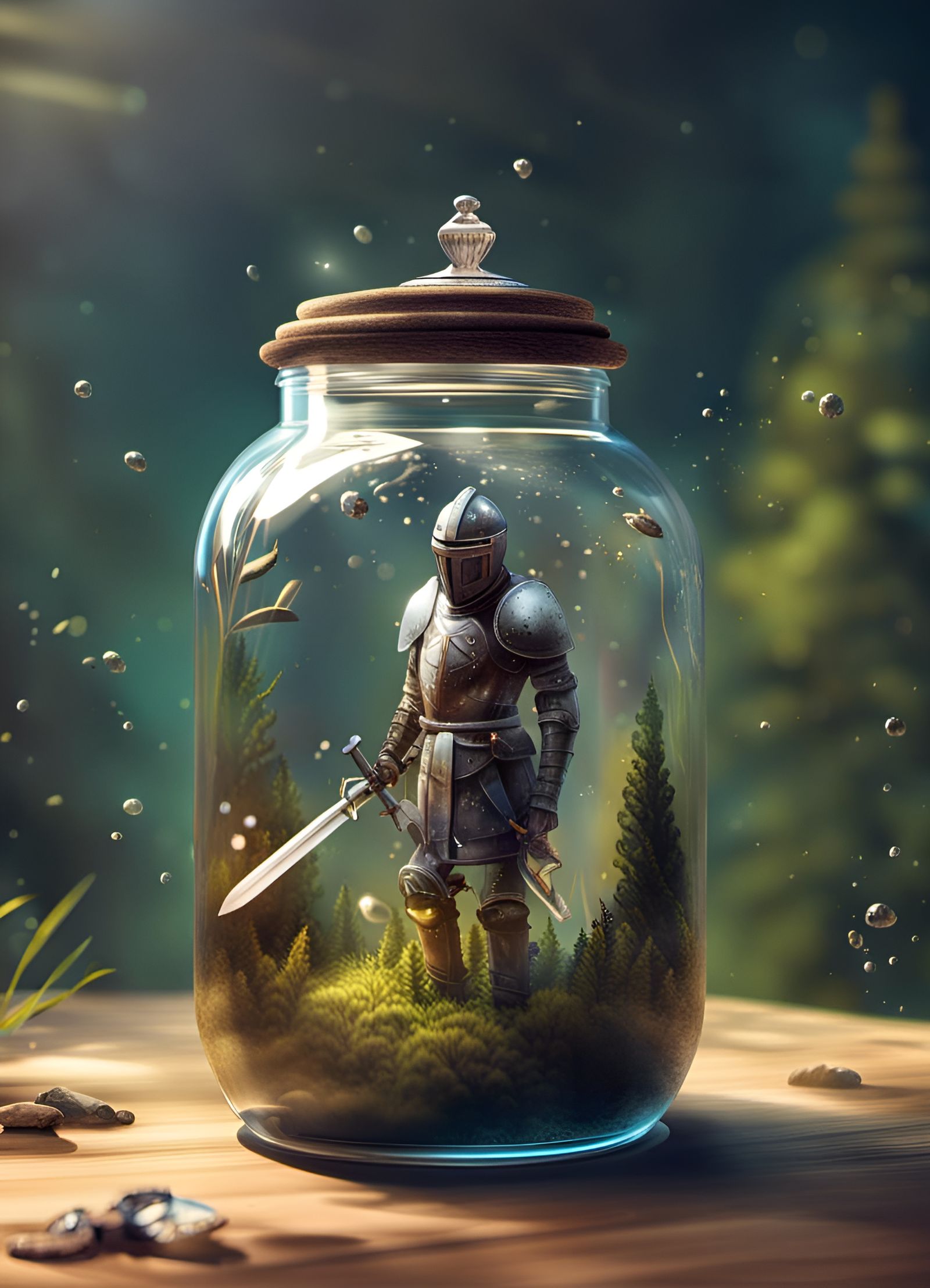 Knight Trapped in Jar Microcosm: Hyperrealistic Splash Art