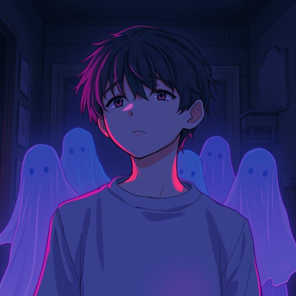 Young Adult Surrounded by Ghostly Figures in Neon-Lit Midnig...