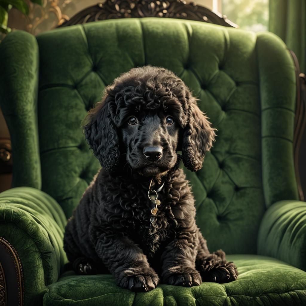 Adorable Black Poodle Puppy on Velvet Sofa