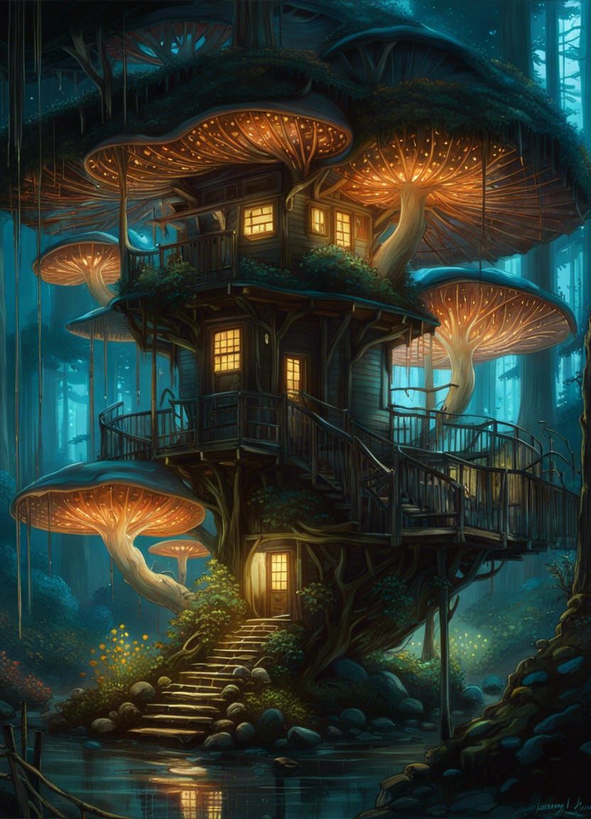 Enchanted Bioluminescent Mushroom Treehouse in Fantasy Fores...