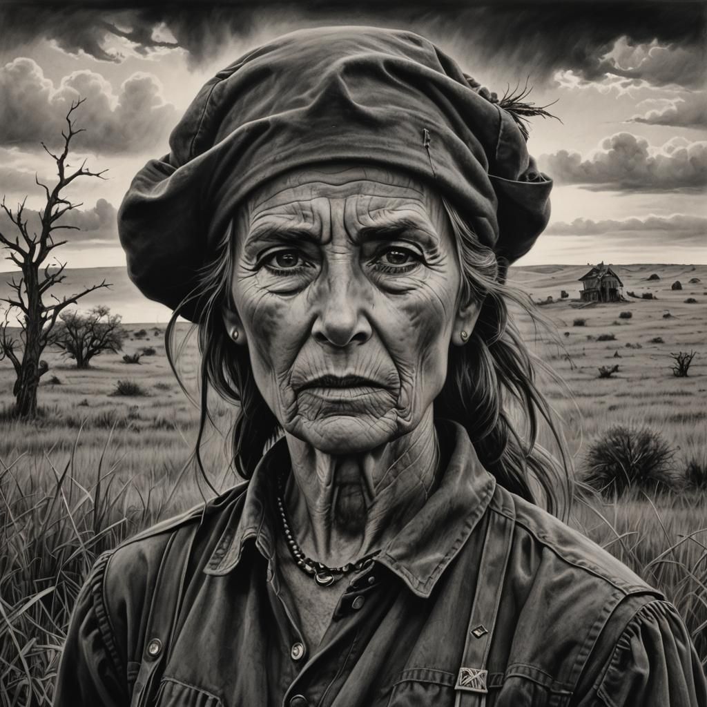 War Widow's Mood Swings: Hyperdetailed Charcoal Drawing