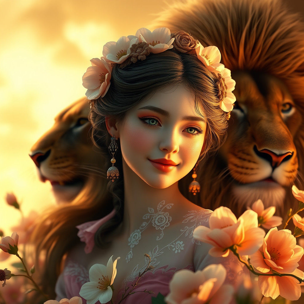 Ethereal Flower Girl with Lion in Fantasy Landscape