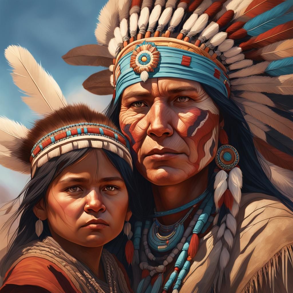 Hyperrealistic Native American Mother and Child Portrait