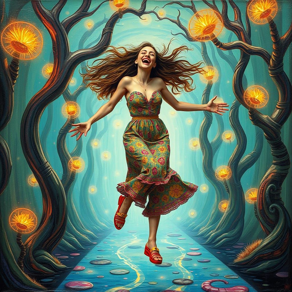 Woman Laughing in Surreal Glass Forest, Dreamlike Art