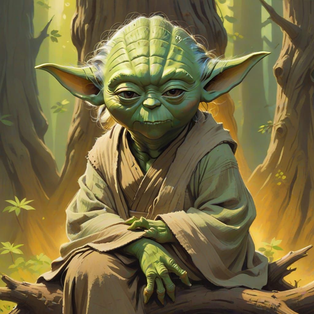 Yoda in Vibrant Gouache Style on Tree Root