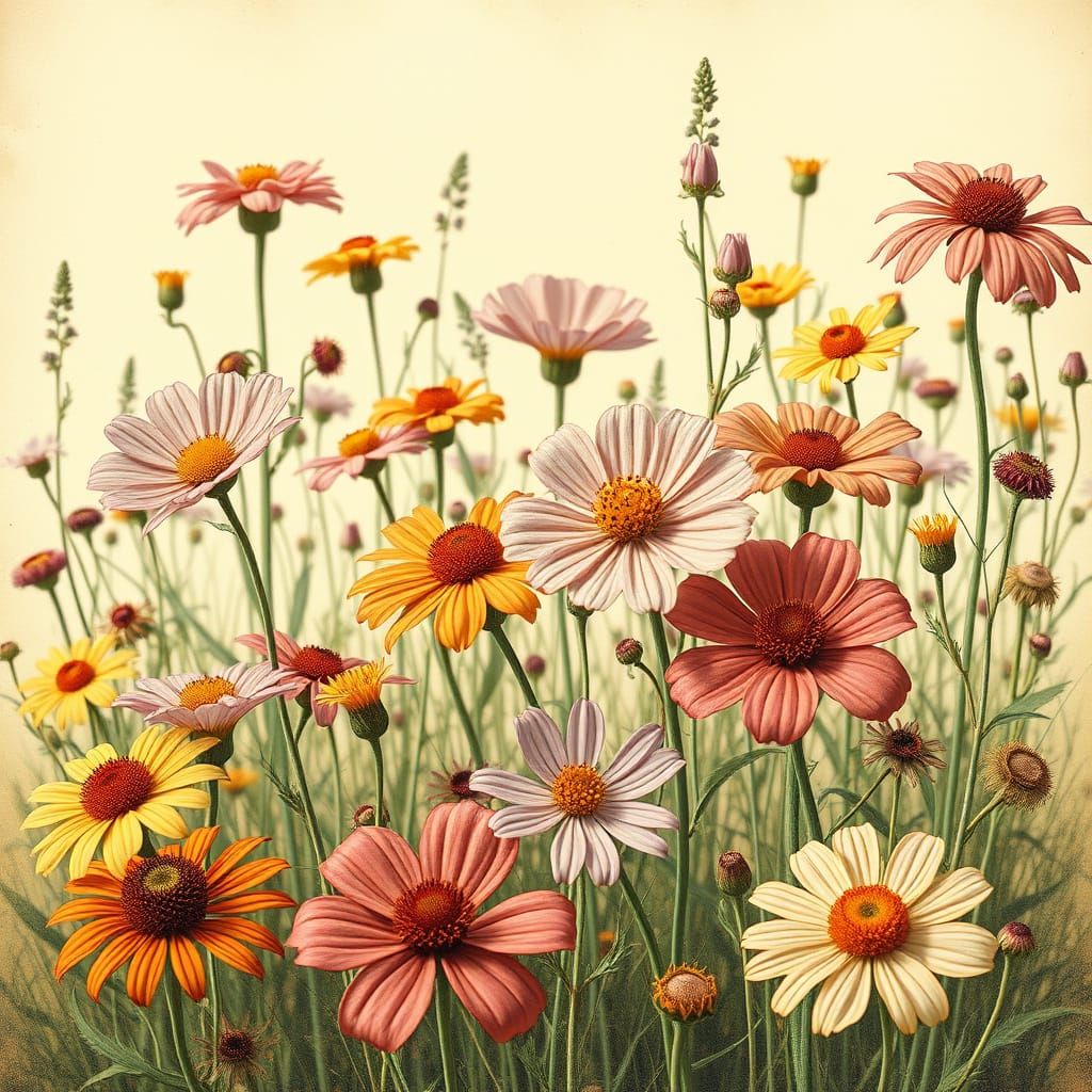 Vibrant Wildflower Field in Vintage Botanical Style