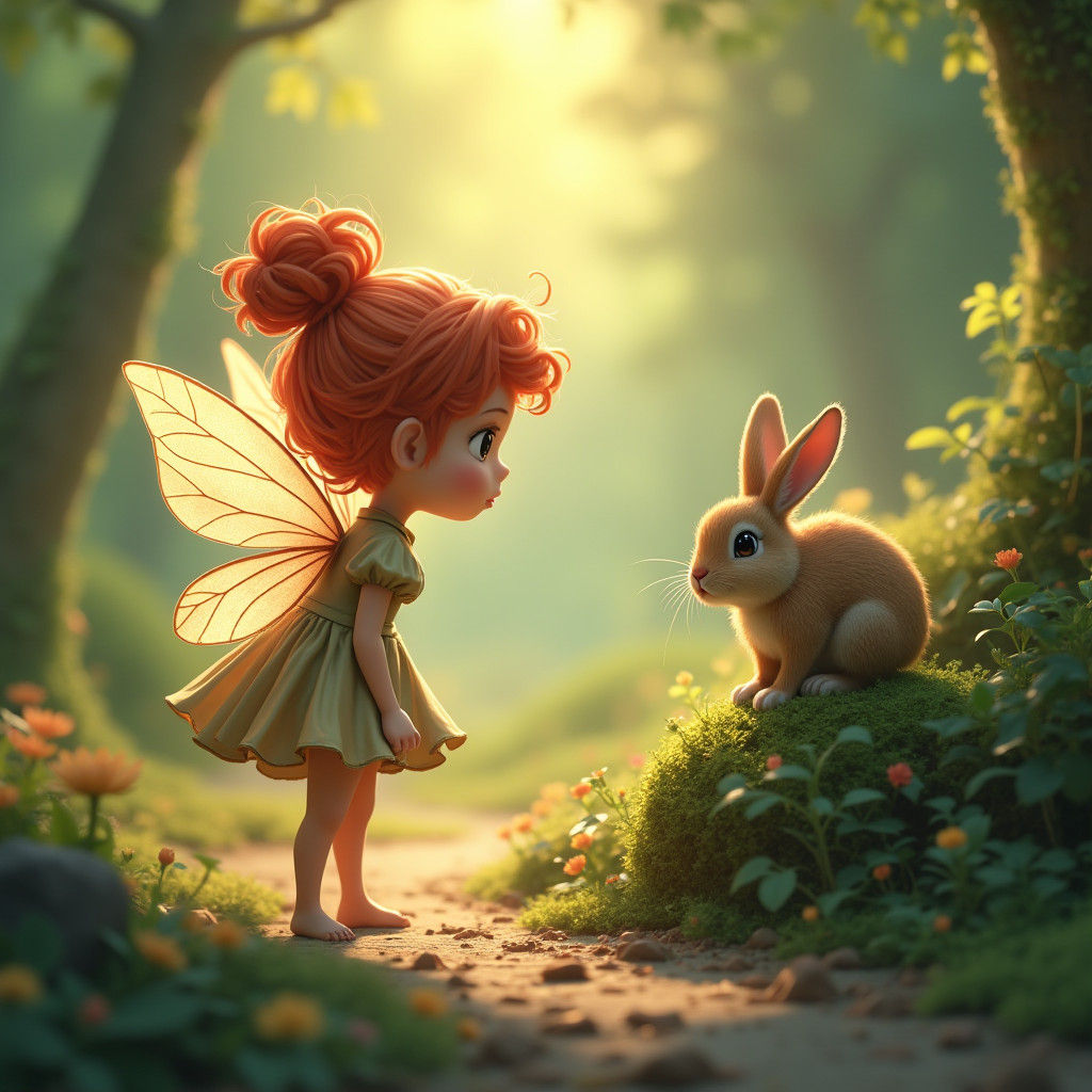 Fairy and Rabbit Encounter in Forest Clearing
