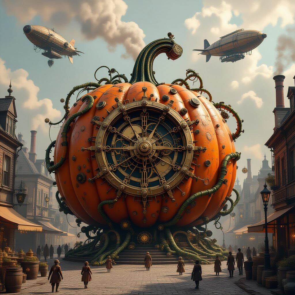 Clockwork Pumpkin Cityscape in Steampunk Style