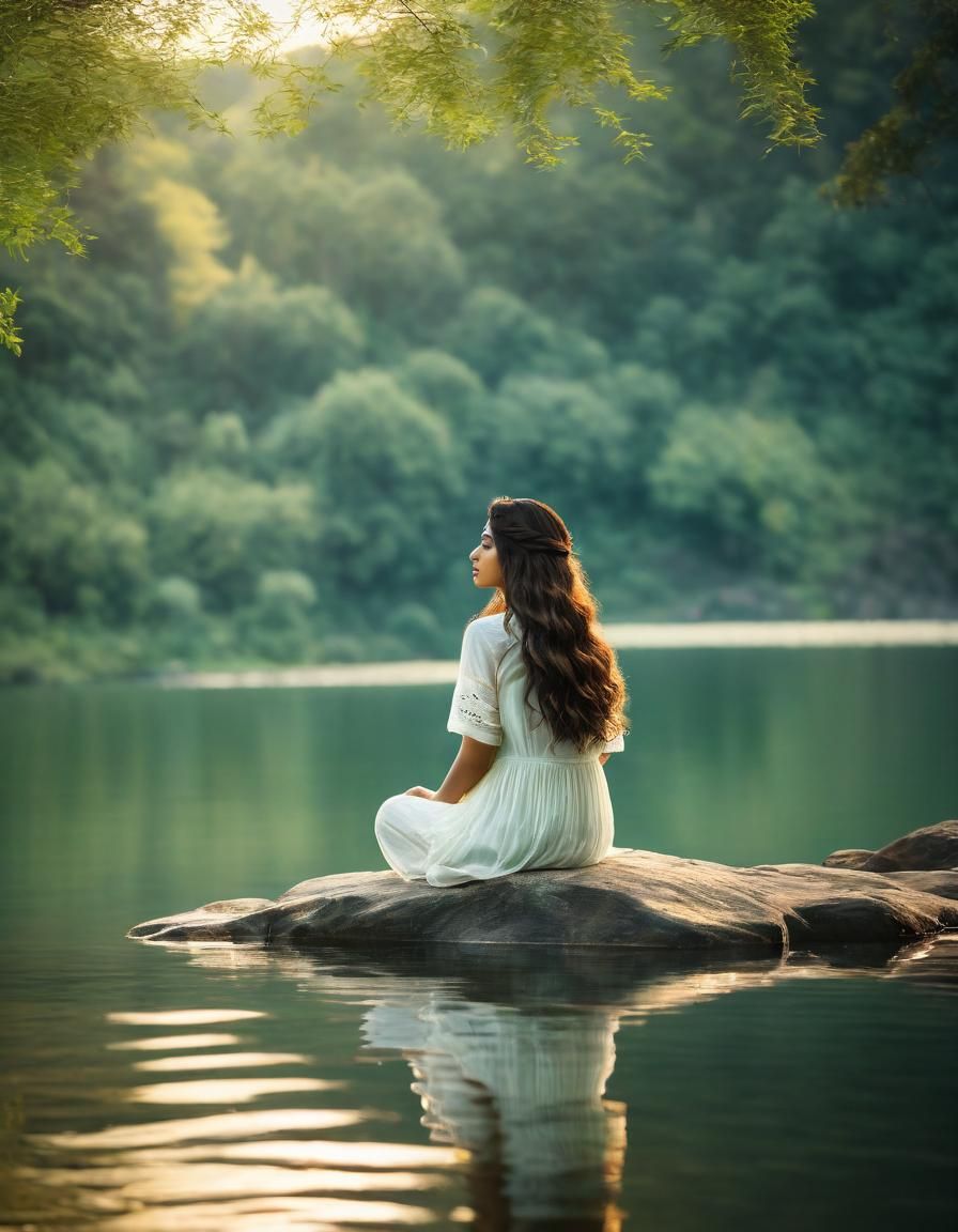Contemplative Lake Landscape with Woman in Golden Light