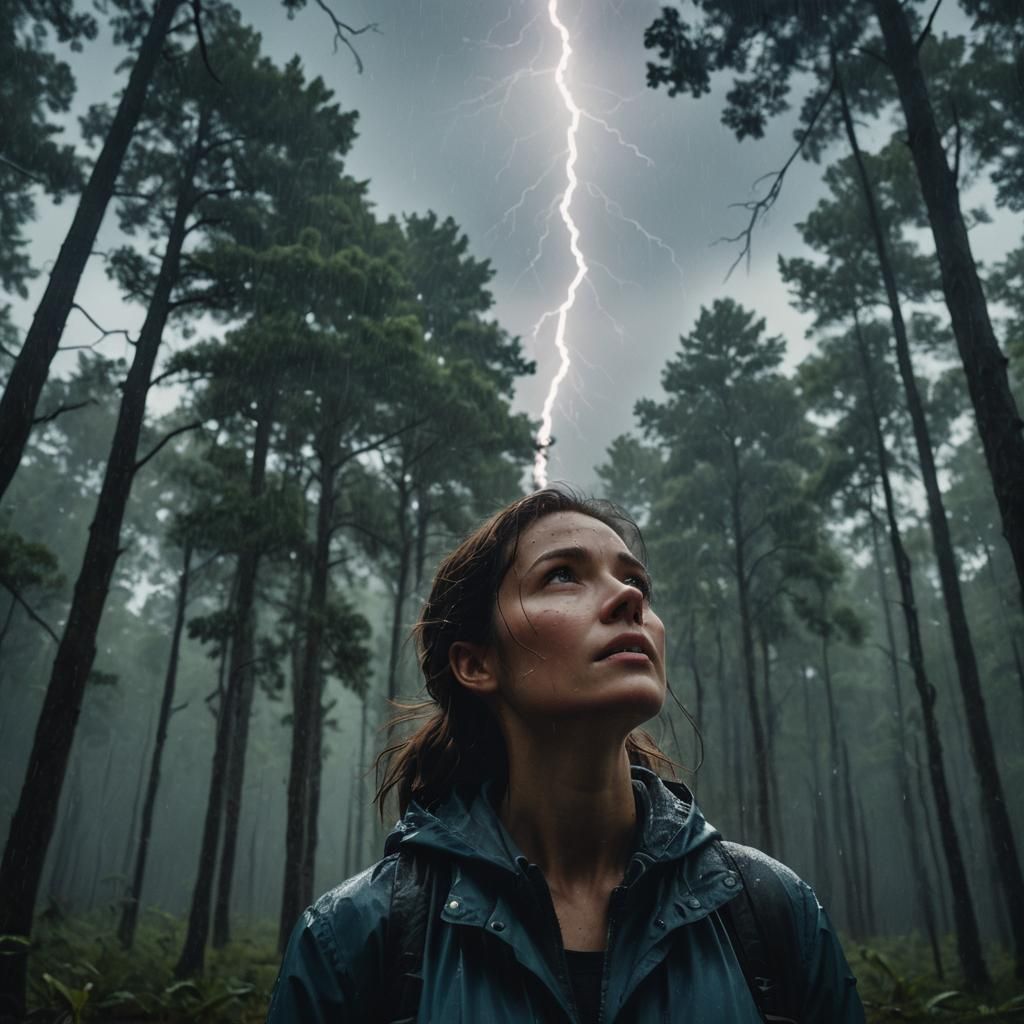 Woman in Rainy Forest with Lightning, Cinematic Film