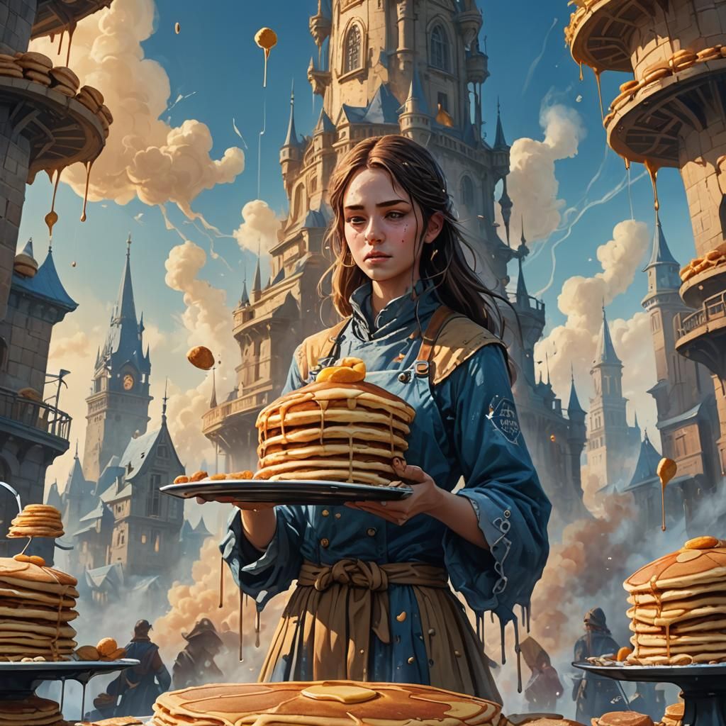 Girl Vanishing Behind Pancake Tower, Fantasy Art