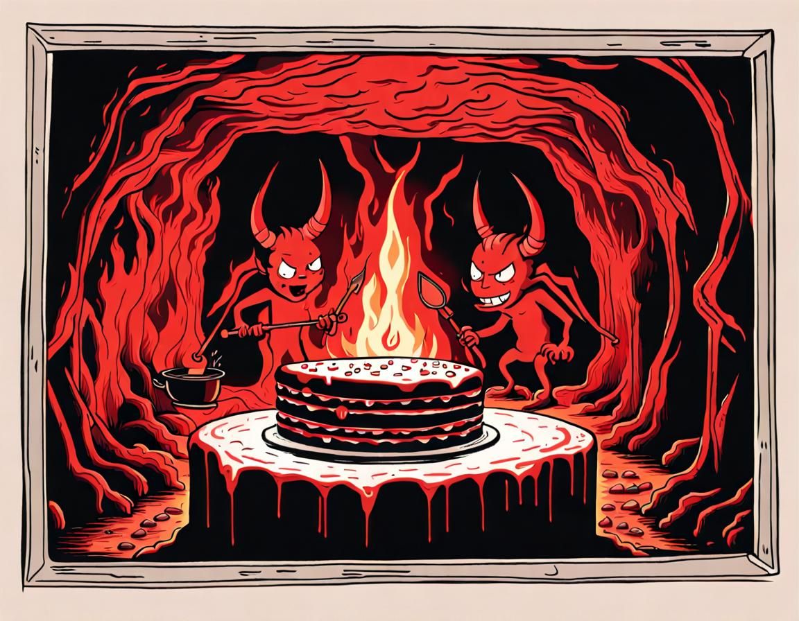 A big red kitchen stove surrounded by fire within the caves of hell. Inside the stove visible through a window are devil...