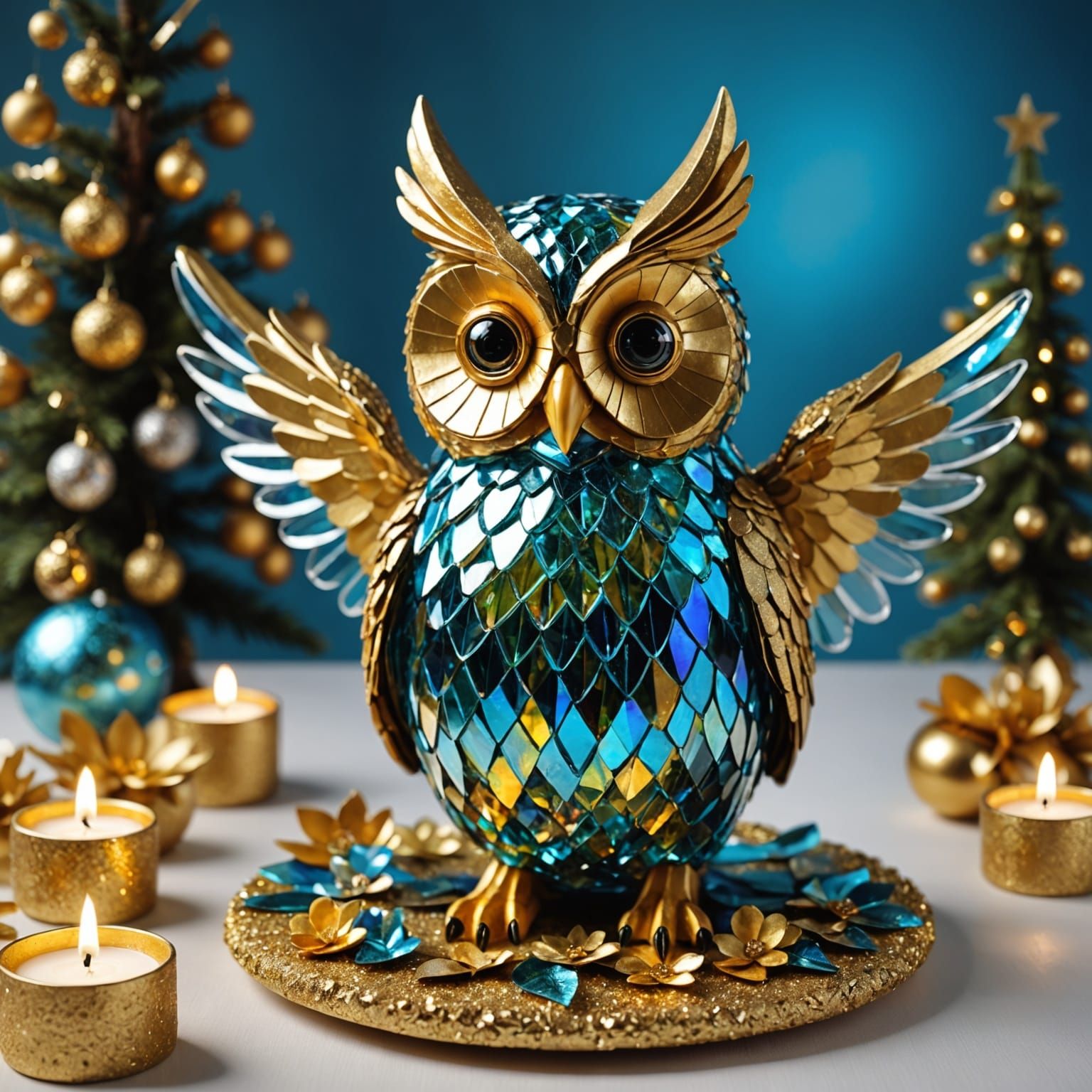 Whimsical Iridescent Angel Owl in Carnaval Decor