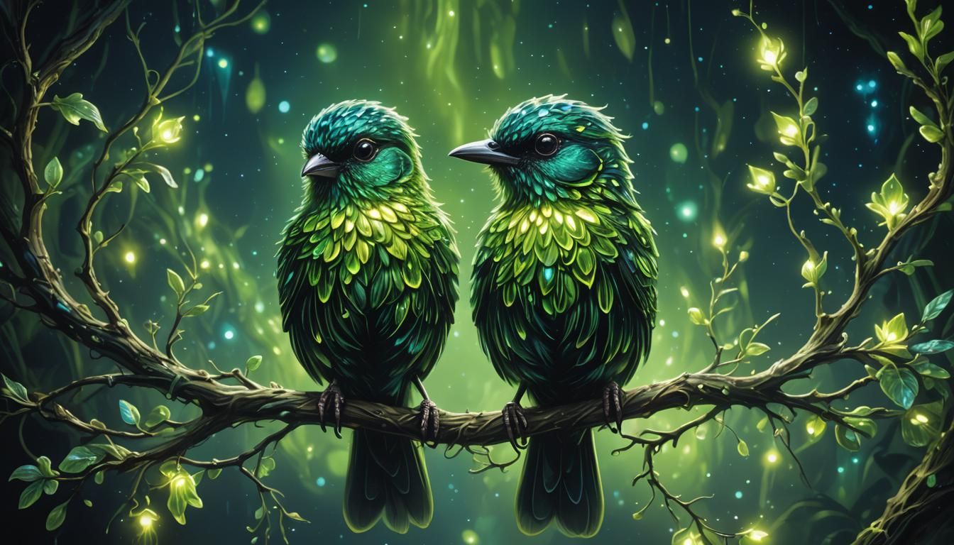Bioluminescent Exotic Bird in the Dark: Oil Painting
