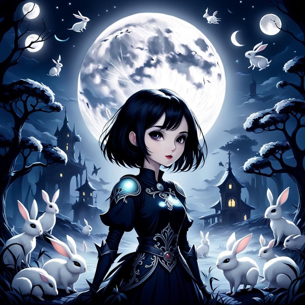 Girl, Rabbits, and Moon in Hollow Knight Style