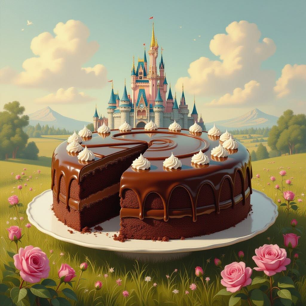 Chocolate Cake and Fox in Dreamy Pastel Meadow