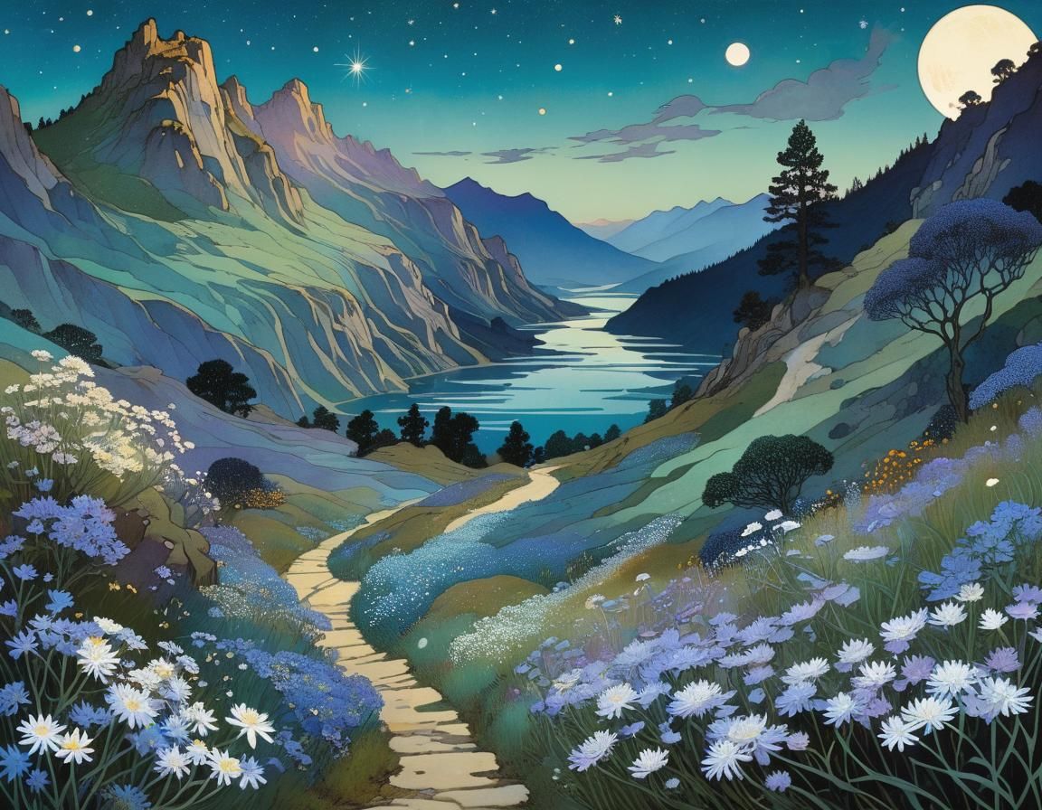 Wildflowers Under Moonlight in Intricate Illustration