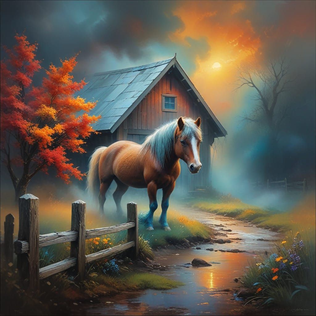 Surreal Shetland Pony Surrounded by Vibrant Mist in a Cozy B...