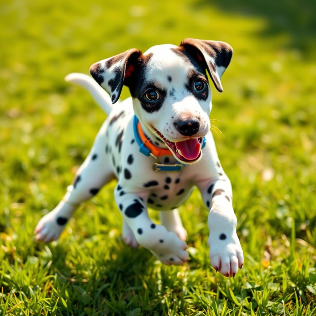A Dalmatian puppy jumping in the grass.