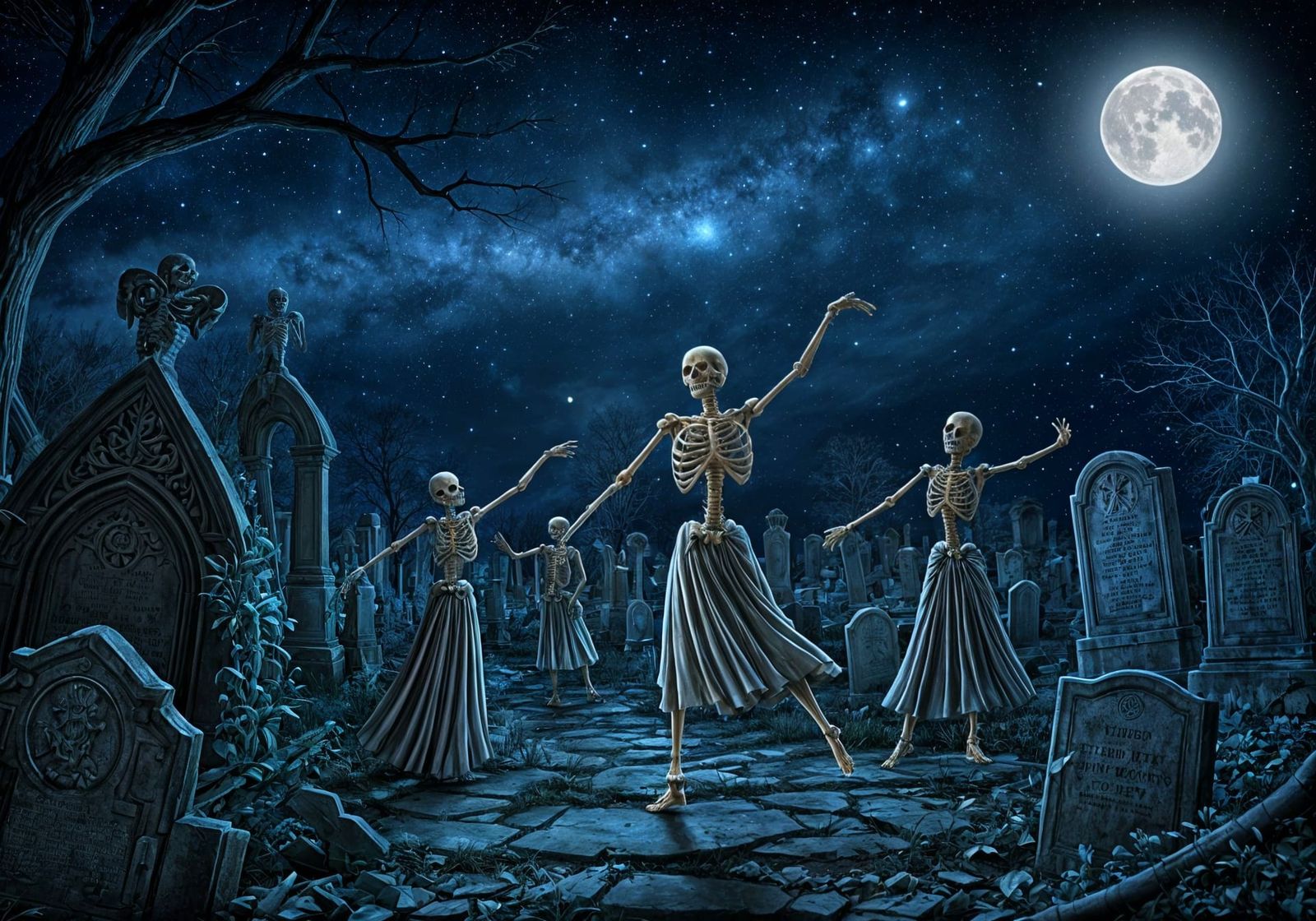 Skeletons' Starry Night Dance in Cemetery
