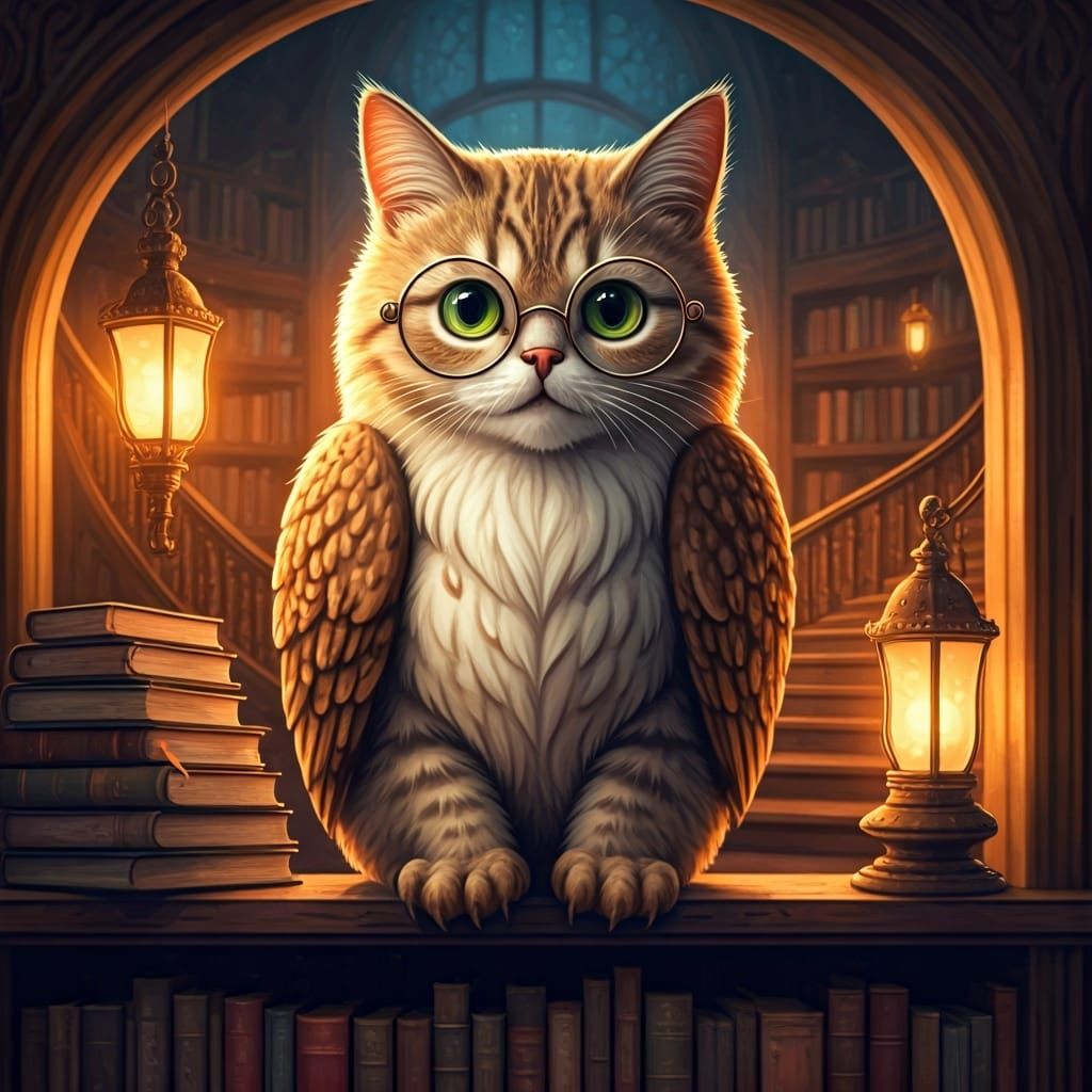 Cat-Owl in Magical Library, Beatrix Potter Style