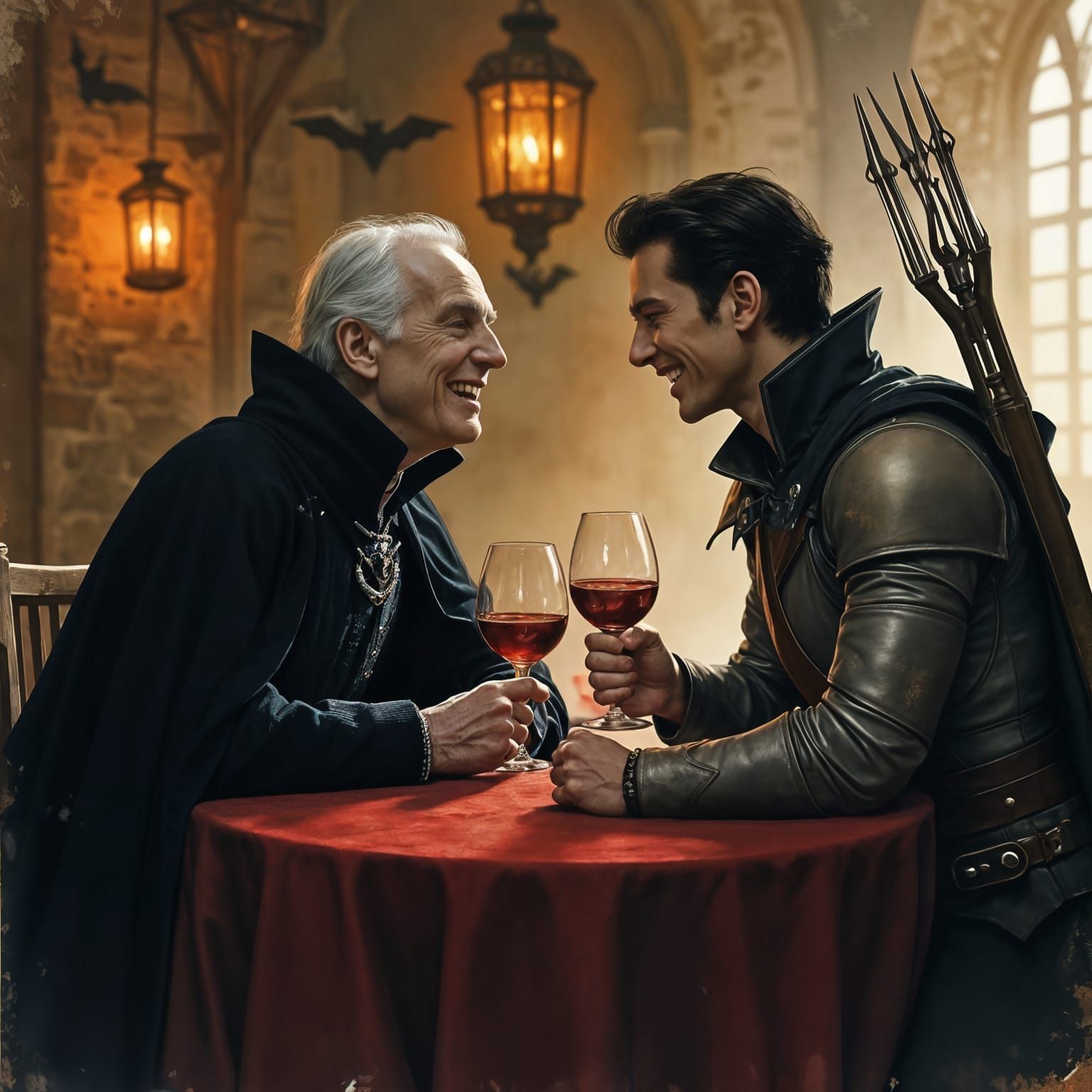 Dracula and Van Helsing Share Wine in Tavern