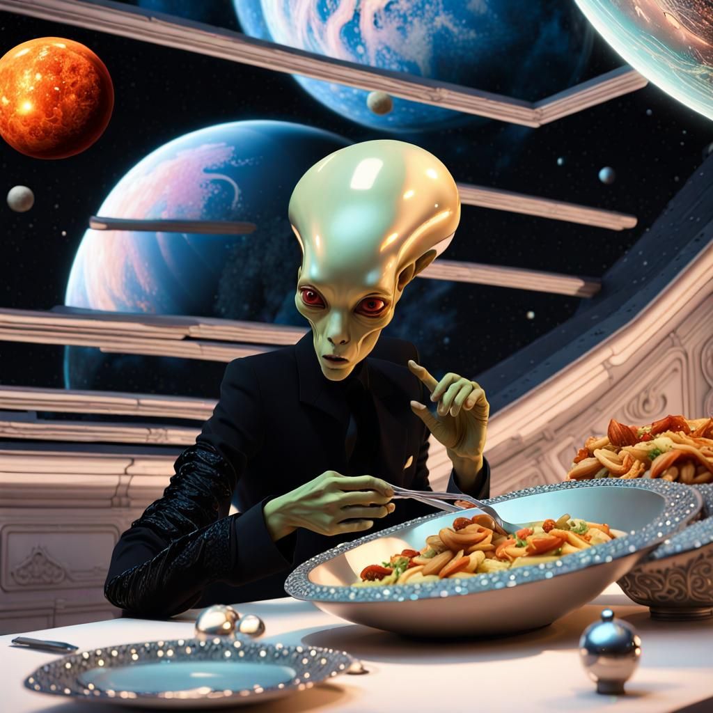 Alien Fashion Show Feast in Hyperrealistic Style