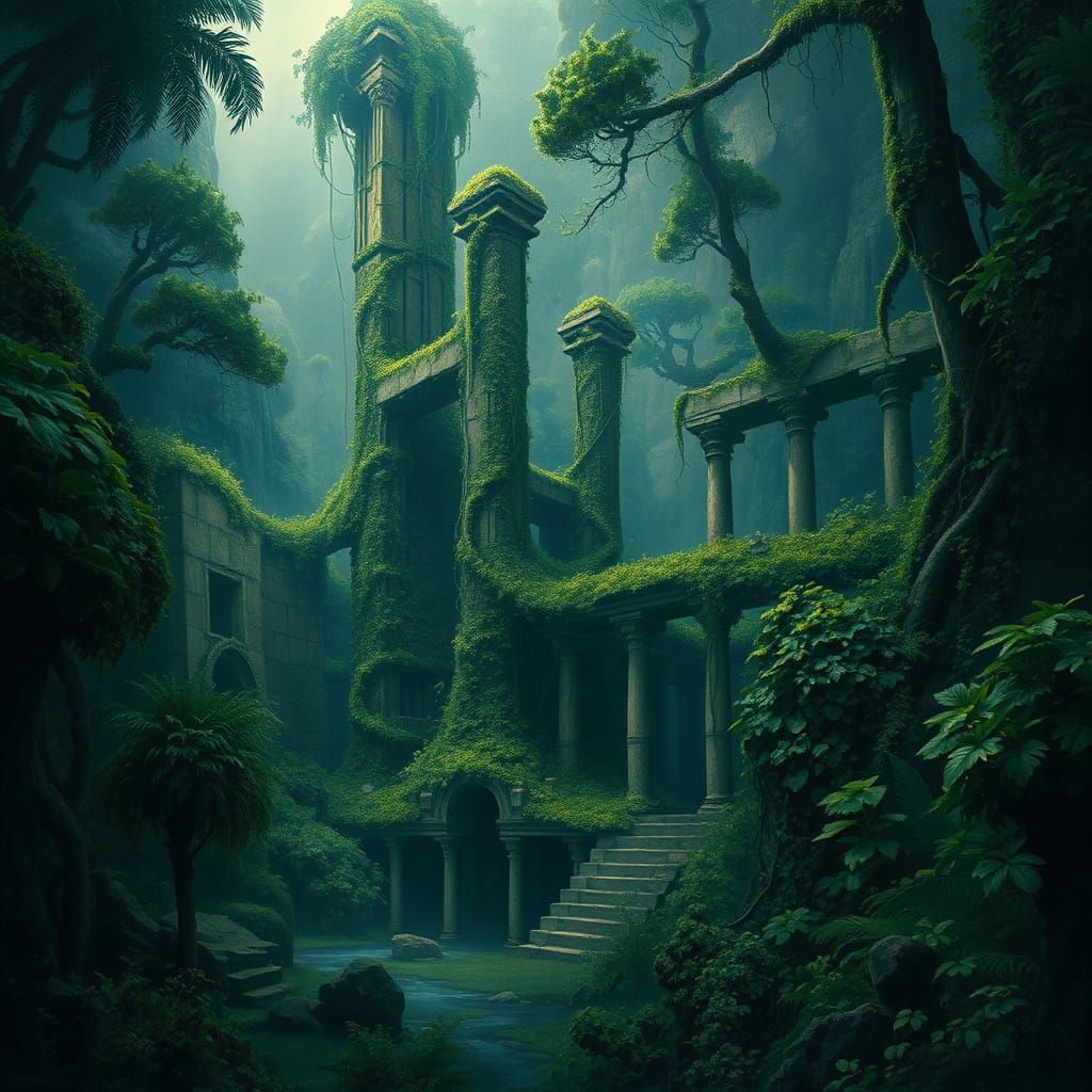 Overgrown Jungle Ruins in Atmospheric Realism