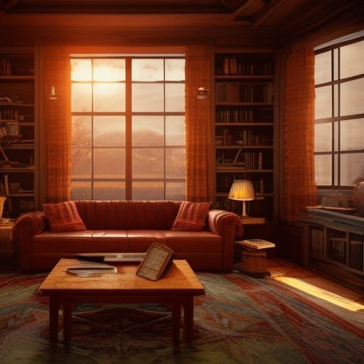 Cozy Library with Snowy Woods Sunset