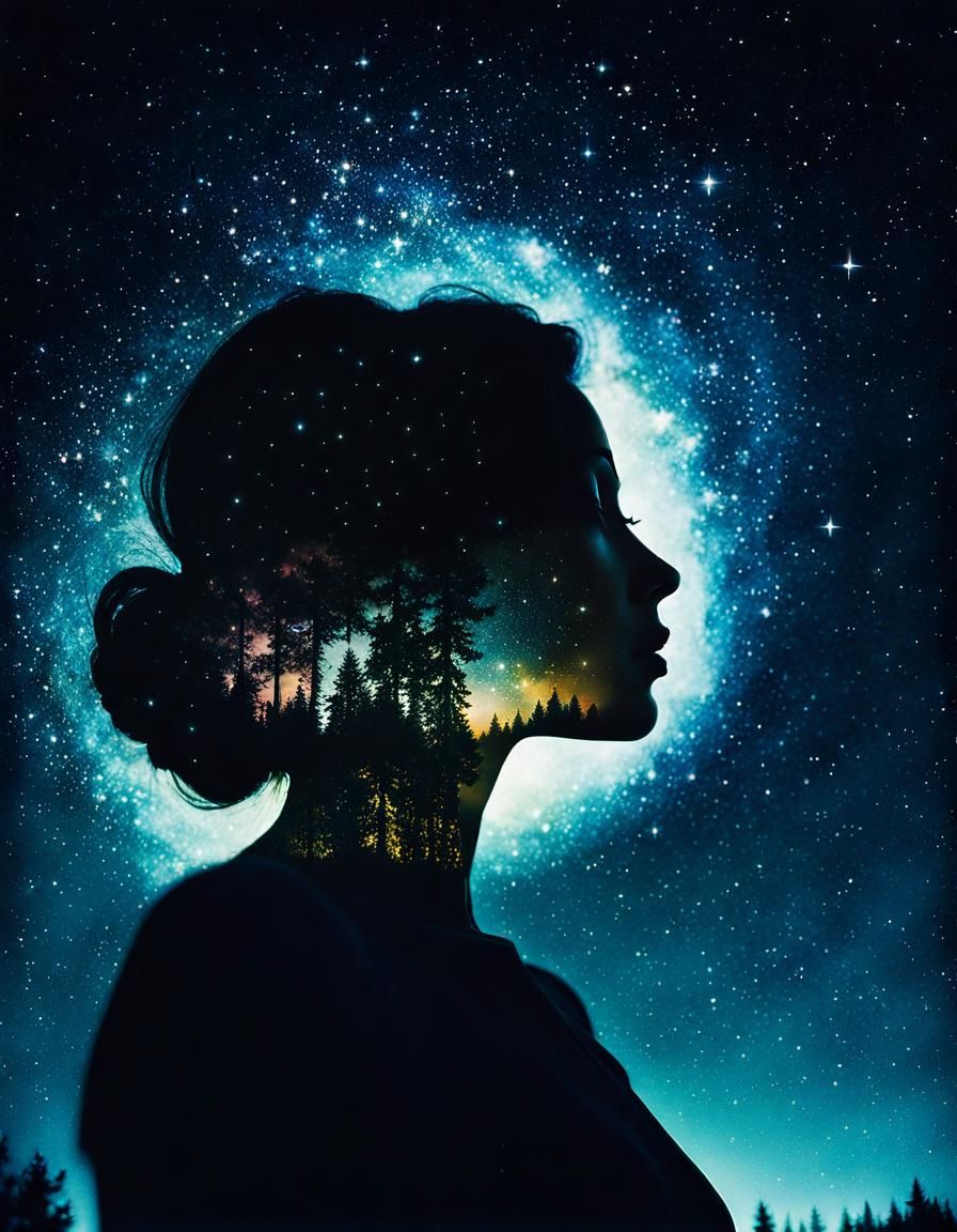 Double Exposure Portrait of Woman and Night Sky
